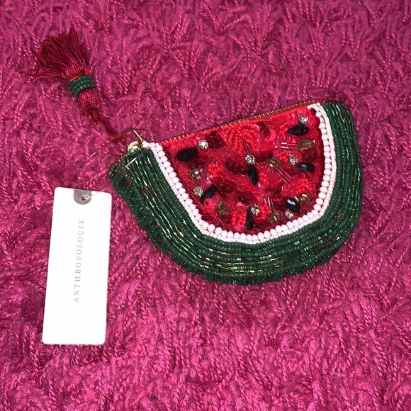 Anthropologie Handbags - Anthropologie Watermelon Beaded Fruit Clutch Zip Pouch Purse